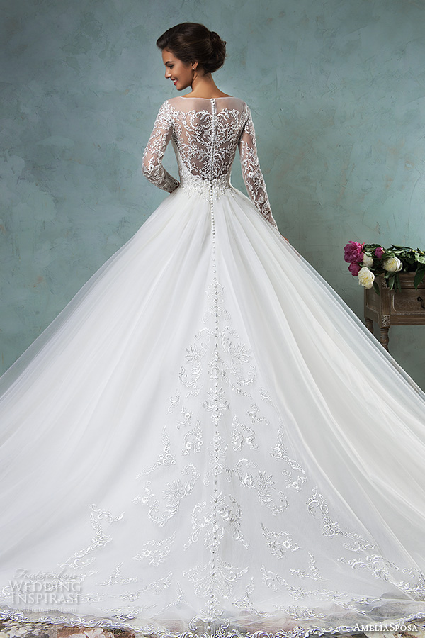 amelia sposa 2016 wedding dresses illusion bateau neckline long sleeves embroideried bodice a line ball gown wedding dress sierra back