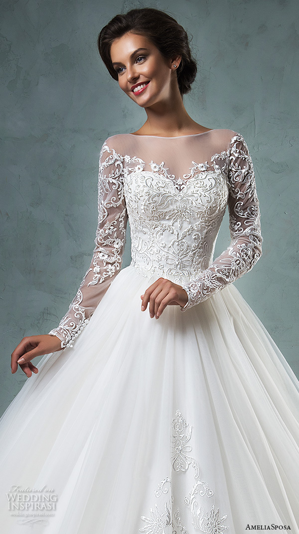 amelia sposa 2016 wedding dresses illusion bateau neckline long sleeves embroideried bodice a line ball gown wedding dress sierra close up