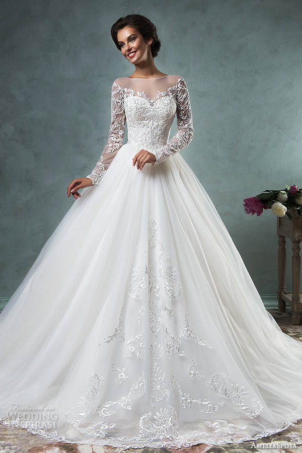 amelia sposa 2016 wedding dresses illusion bateau neckline long sleeves embroideried bodice a line ball gown wedding dress sierra