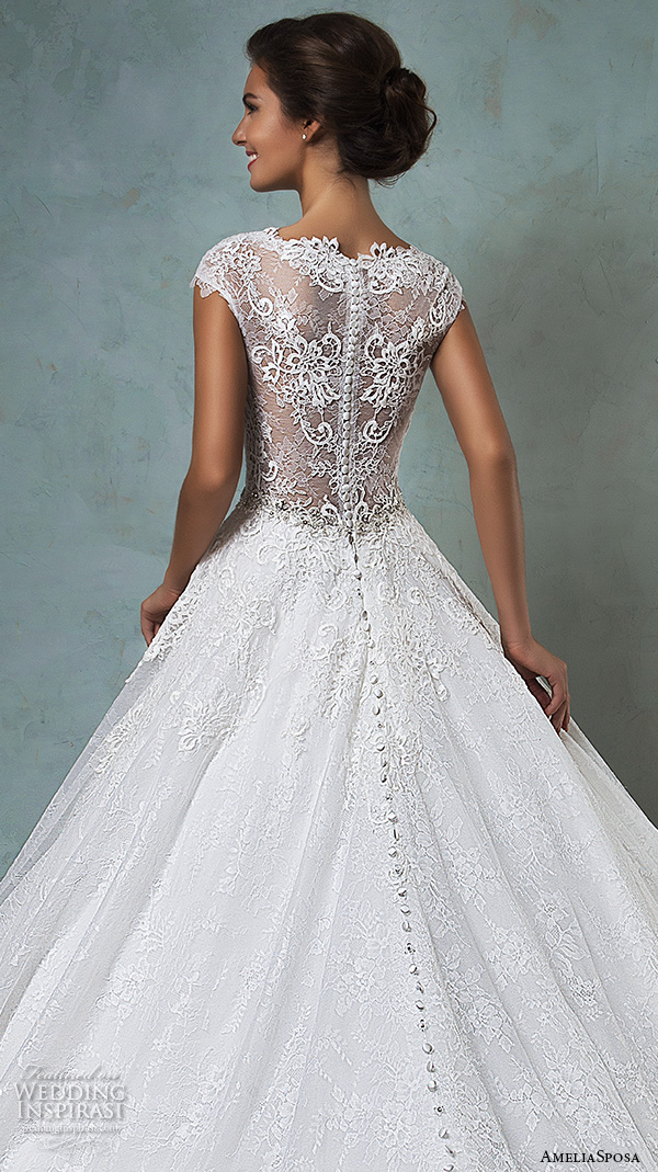 amelia sposa 2016 wedding dresses lace cap sleeves  v neckline embroidered lace bodice gorgeous a line ball gown wedding dress dominica back closeup