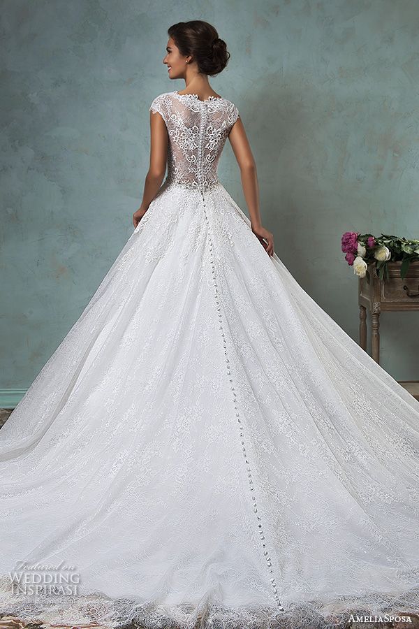 amelia sposa 2016 wedding dresses lace cap sleeves  v neckline embroidered lace bodice gorgeous a line ball gown wedding dress dominica back