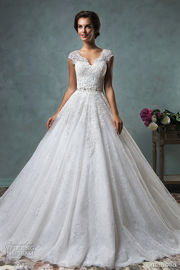 amelia sposa 2016 wedding dresses lace cap sleeves  v neckline embroidered lace bodice gorgeous a line ball gown wedding dress dominica