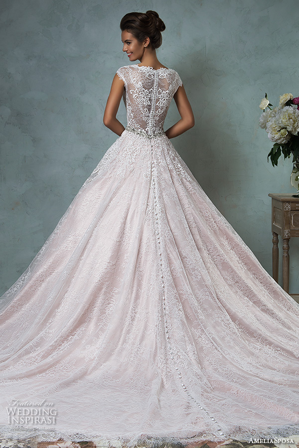 amelia sposa 2016 wedding dresses lace cap sleeves  v neckline embroidered lace bodice gorgeous pink a line ball gown wedding dress dominica back