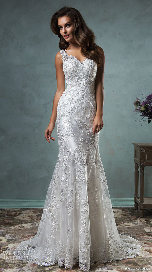 amelia sposa 2016 wedding dresses lace strap v neckline embroidery satin beautiful trumpet fit to flare mermaid wedding dress adelina