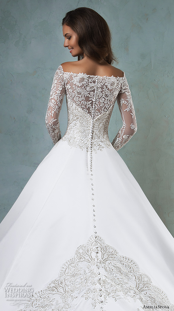 amelia sposa 2016 wedding dresses off the shoulder lace long sleeves embroideried bodice beautiful satin a line ball gown wedding dress canty back view back view