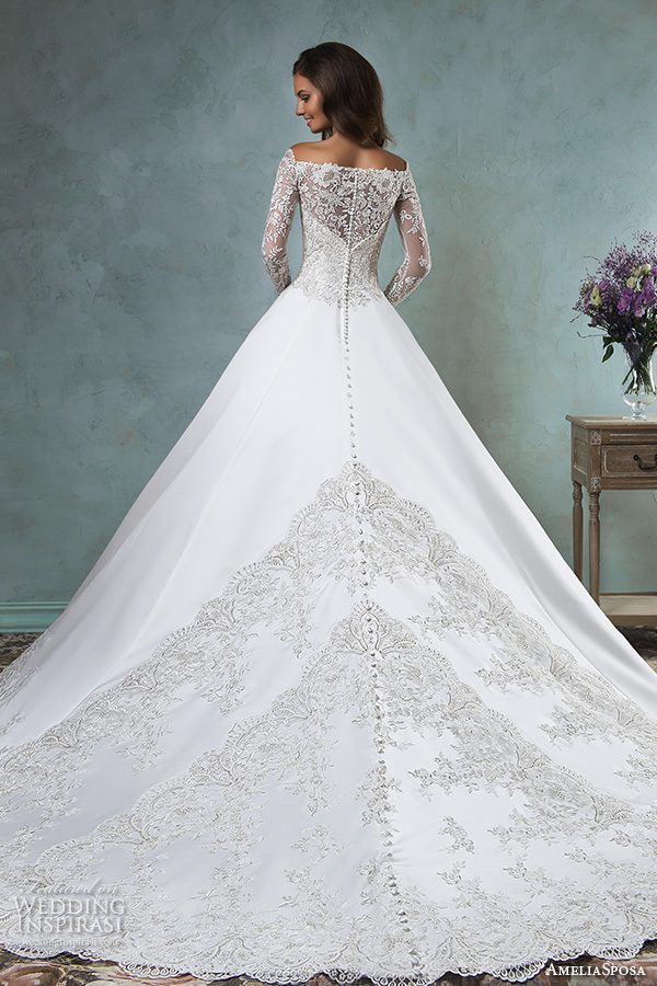 amelia sposa 2016 wedding dresses off the shoulder lace long sleeves embroideried bodice beautiful satin a line ball gown wedding dress canty back view
