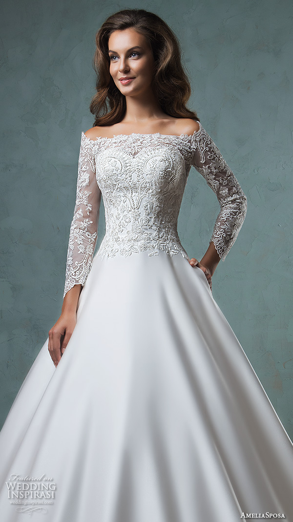 amelia sposa 2016 wedding dresses off the shoulder lace long sleeves embroideried bodice beautiful satin a line ball gown wedding dress canty close up