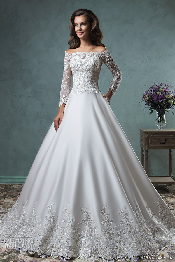 amelia sposa 2016 wedding dresses off the shoulder lace long sleeves embroideried bodice beautiful satin a line ball gown wedding dress canty