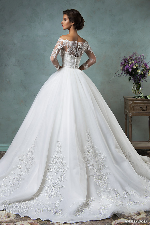 amelia sposa 2016 wedding dresses off the shoulder lace long sleeves overskirt stunning ball gown wedding dress celeste back view