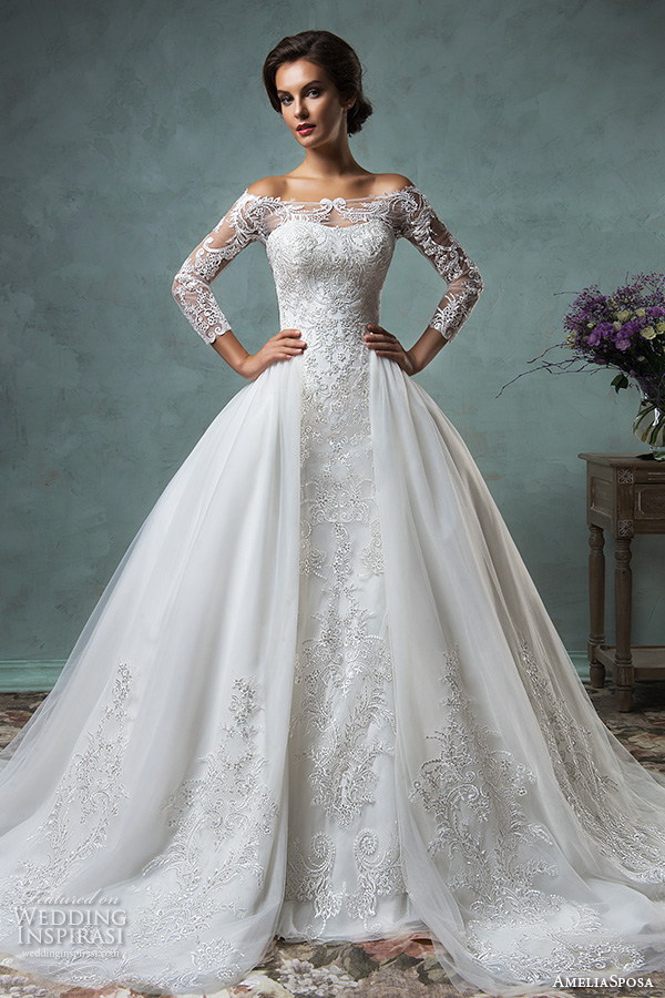 amelia sposa 2016 wedding dresses off the shoulder lace long sleeves overskirt stunning ball gown wedding dress celeste