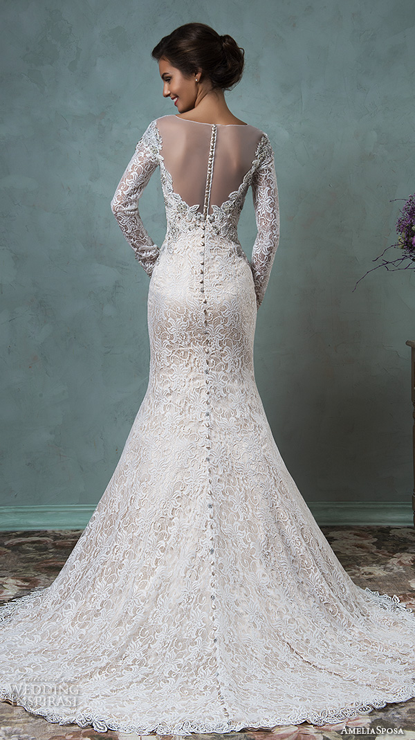 amelia sposa 2016 wedding dresses sheer bateau neckline long sleeves embroidered beautiful champagne trumpet mermaid wedding dress tiffany back view