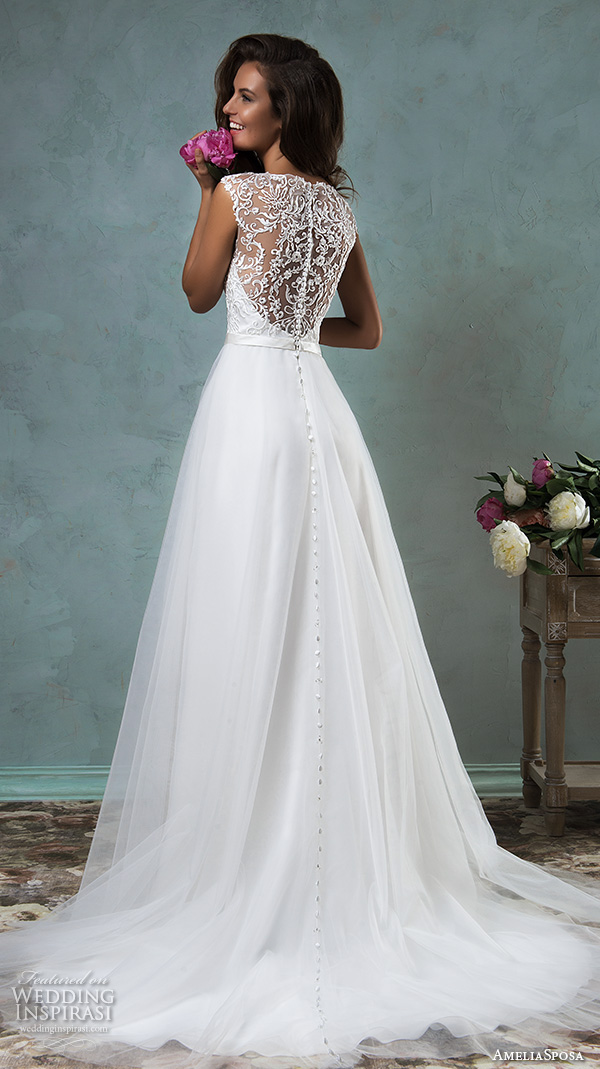 amelia sposa 2016 wedding dresses sleeveless thick lace strap embroidered lace bodice tulle skirt pretty a line gown etna back view