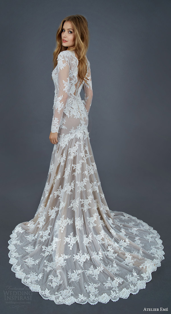 atelier eme 2016 bridal mietta illusion long sleeve lace tulle mermaid sheath wedding dress nude underlay back view train