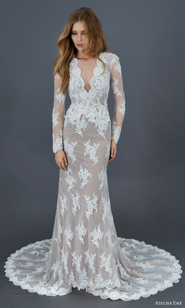 atelier eme 2016 bridal mietta illusion long sleeve lace tulle mermaid sheath wedding dress nude underlay