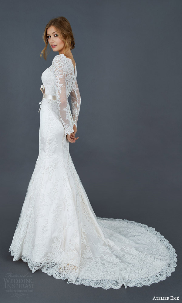 atelier eme 2016 paola long sleeve alencon lace trumpet mermaid wedding dress illusion neckline back view train