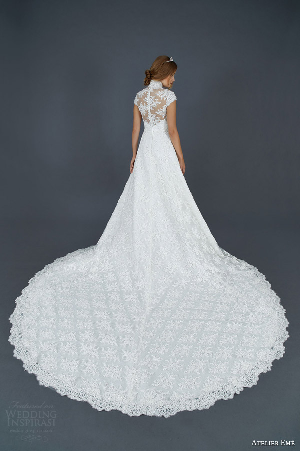 atelier eme aimee 2016 lace cap sleeve wedding dress high neckline illusion style fyred007 back view gorgeous train