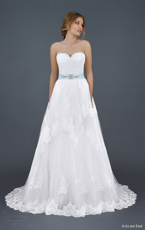 atelier eme aimee 2016 strapless lace wedding dress beaded tiffany blue sash belt style fyamp011