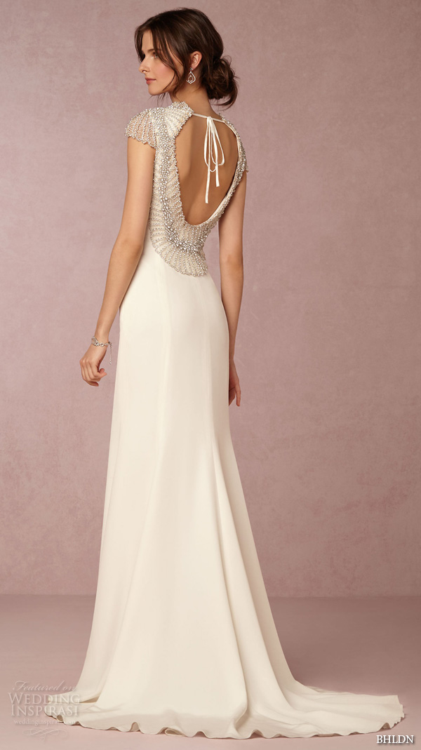 bhldn fall 2015 wedding dresses bateau neckline jeweled cap sleeves silk crepe jeweled back sheath wedding dress dylan back view