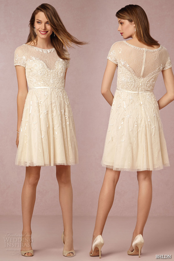 bhldn fall 2015 wedding dresses beaded short sleeve embroideried lace beaded knee length short ivory wedding dress gwendolyn front back