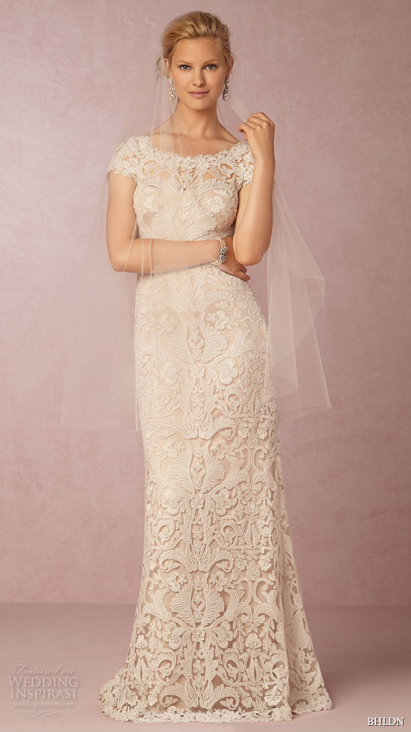 bhldn fall 2015 wedding dresses cap sleeves bateau scalloped neckline plunging v back beautiful lace ivory sheath wedding dress august full