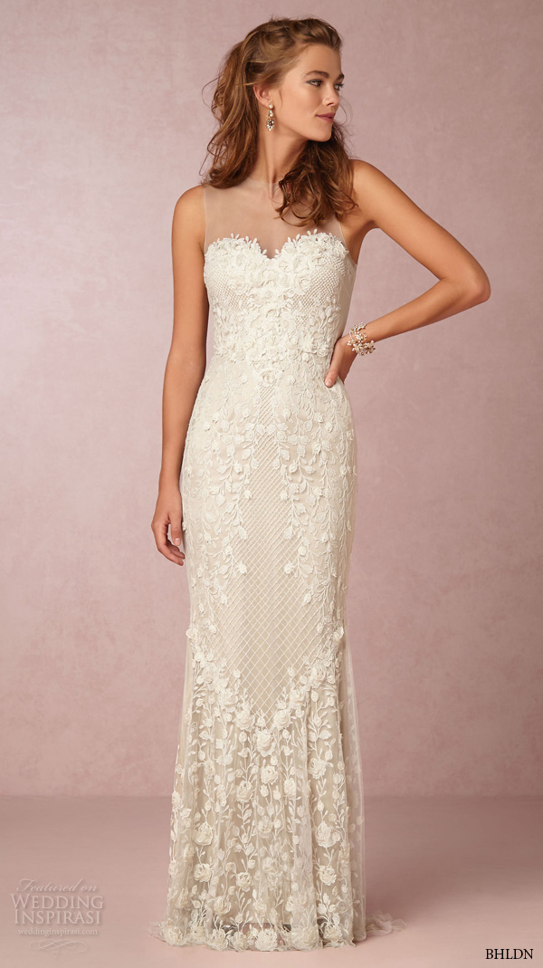 bhldn fall 2015 wedding dresses sheer illusion neckline sweetheart slim fit beautiful lace embroidery sheath wedding dress ashton gown full view