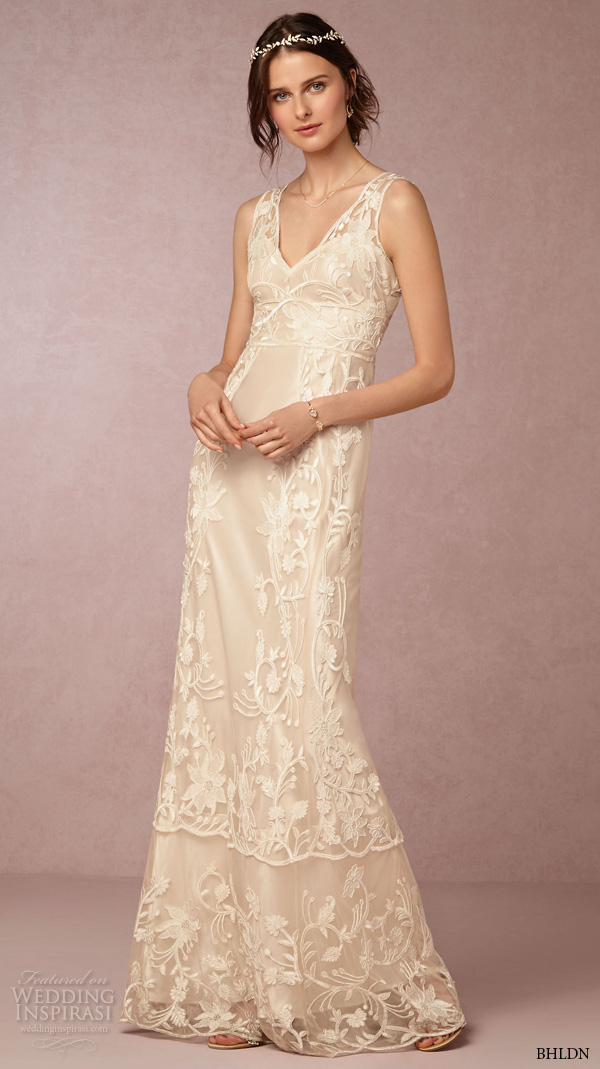 bhldn fall 2015 wedding dresses sleeveless lace strap deep v neckline vintage bohemian art deco ivory sheath wedding dress gwyneth full