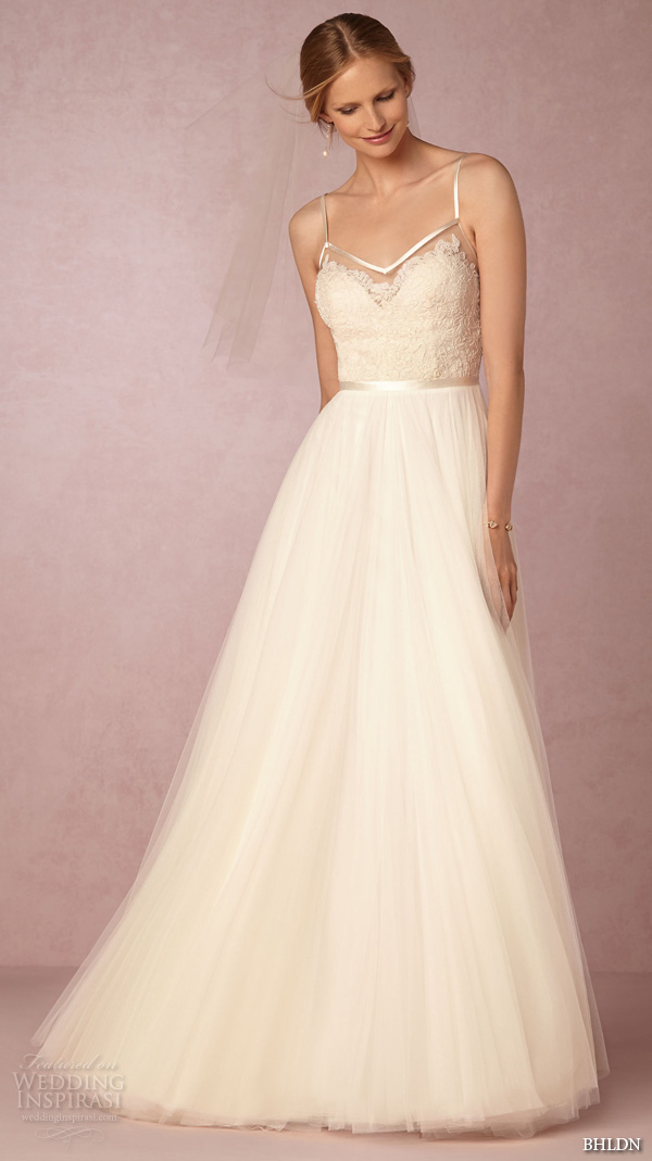 bhldn fall 2015 wedding dresses spagetti strap sweetheart neckline lace bodice tulle skirt romantic ivory a line wedding dress charlotte full view
