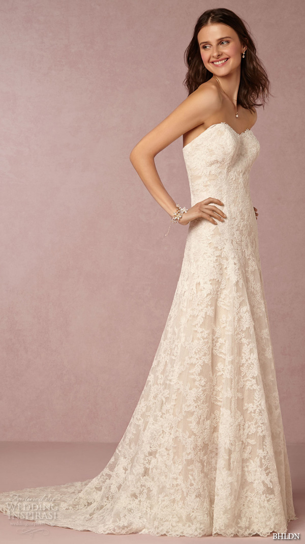 bhldn fall 2015 wedding dresses strapless sweetheart neckline slim fit lace ivory a line wedding dress adair full view