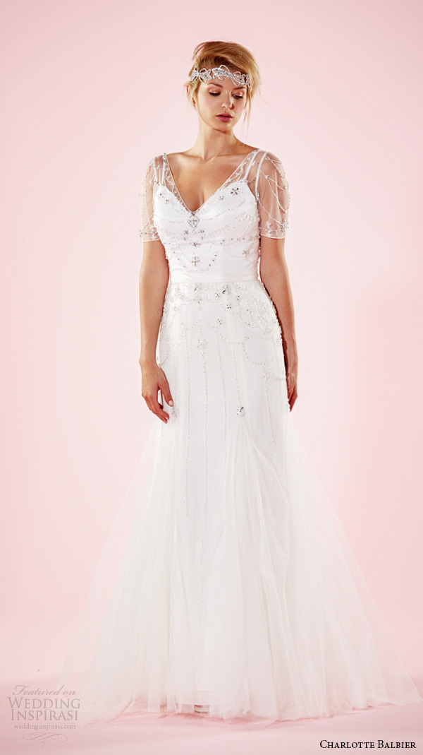 charlotte balbier 2016 bridal dresses v neckline half illusion sheer sleeves beaded bodice drop waist a line wedding gown cara