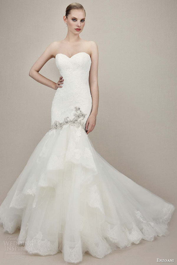enzoani 2016 bridal kennedy strapless sweetheart lace mermaid wedding dress tiered skirt silver beading