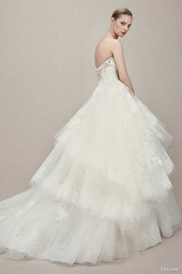enzoani 2016 kylee strapless sweetheart ball gown alencon lace wedding dress beaded embroidered bodice side view train