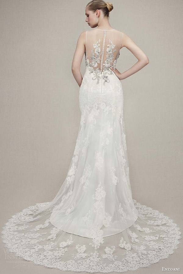 enzoani bridal 2016 kaitlyn sleeveless trumpet gown illusion neckline beaded bodice back view train