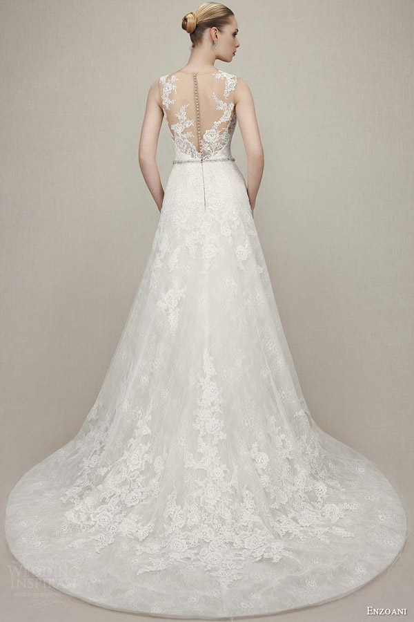 enzoani bridal 2016 karina sleeveless lace romantic wedding dress a line beaded attached belt illusion back view train