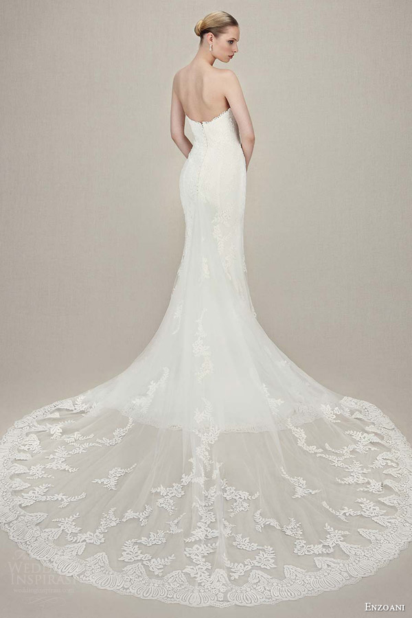 enzoani bridal 2016 karolina strapless sweetheart vintage lace tull mermaid wedding dress back view train