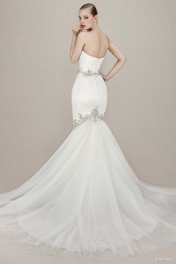 enzoani bridal 2016 kenzi straplesss sweetheart mermaid gown embroidered beaded lace silver beading back view train