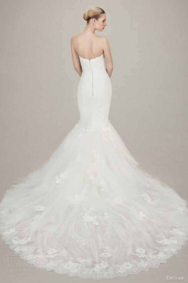 enzoani wedding dresses 2016 bridal kendra strapless sweetheart mermaid gown tulle alencon chantilly lace back view train
