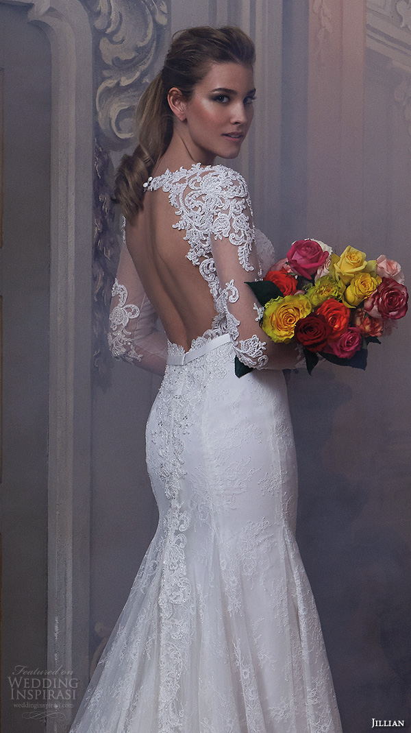 jillian 2016 wedding dresses jewel lace neckline lace sheer long sleeves embroideried bodice slim fit stunning gorgeous wedding dress chapel train cherie back closeup