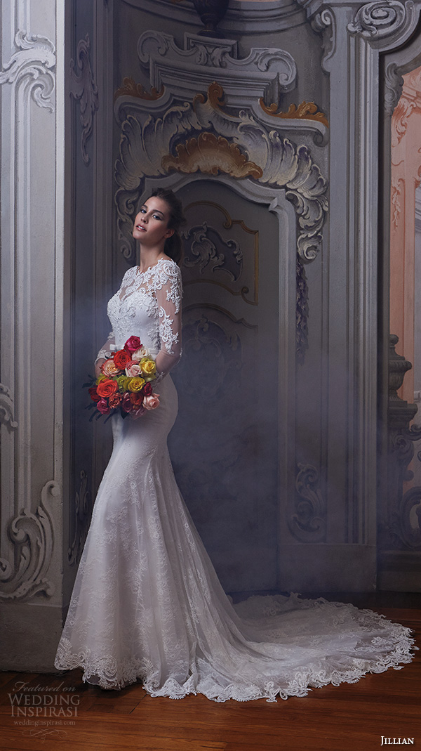 jillian 2016 wedding dresses jewel lace neckline lace sheer long sleeves embroideried bodice slim fit stunning gorgeous wedding dress chapel train cherie