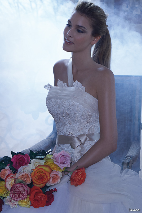 jillian 2016 wedding dresses one shoulder strap straight across gold embroidered lace bodice drop waist tulle skirt a line wedding dress chanel close up jillian 2016 wedding dresses one shoulder strap straight across gold embroidered lace bodice drop waist tulle skirt a line wedding dress chanel close up