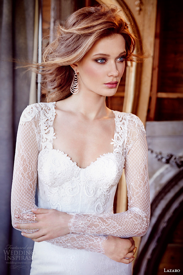 lazaro fall 2015 wedding dresses bridal chantilly lace fit and flare corset venise lace sweetheart fitted gathered skirt chapel lz3560 close up