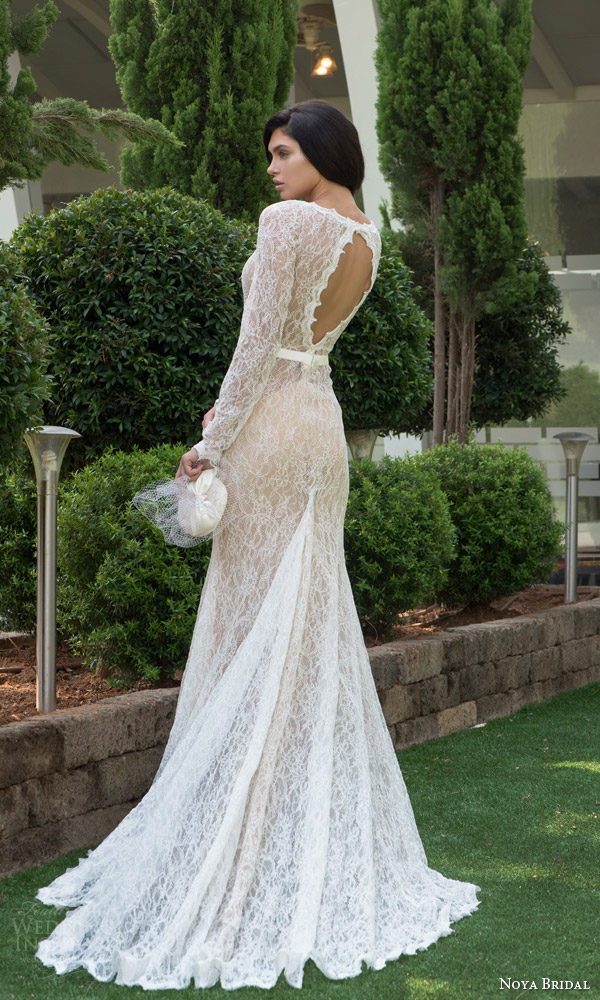 noya bridal riki dalal 2015 style 1101 long sleeve lace sheath wedding dress back view keyhole