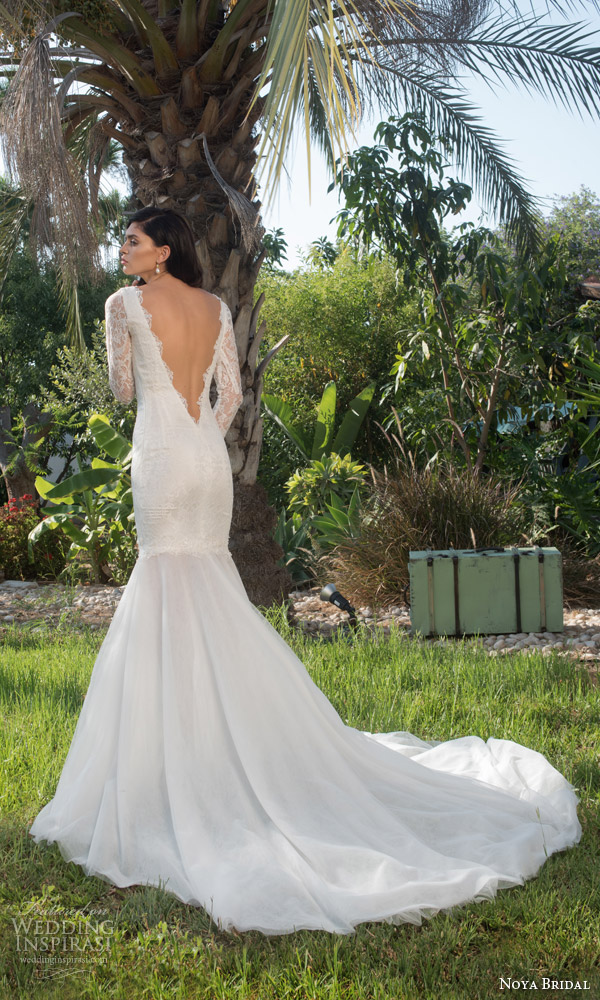 noya bridal riki dalal 2015 style 1102 illusion long sleeve mermaid wedding dress low back view train