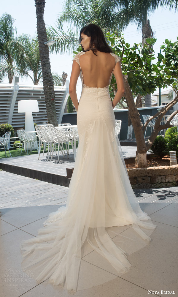 noya bridal riki dalal 2015 style 1104 cap sleeve sheath wedding dress illlusion high neckline lace back view train