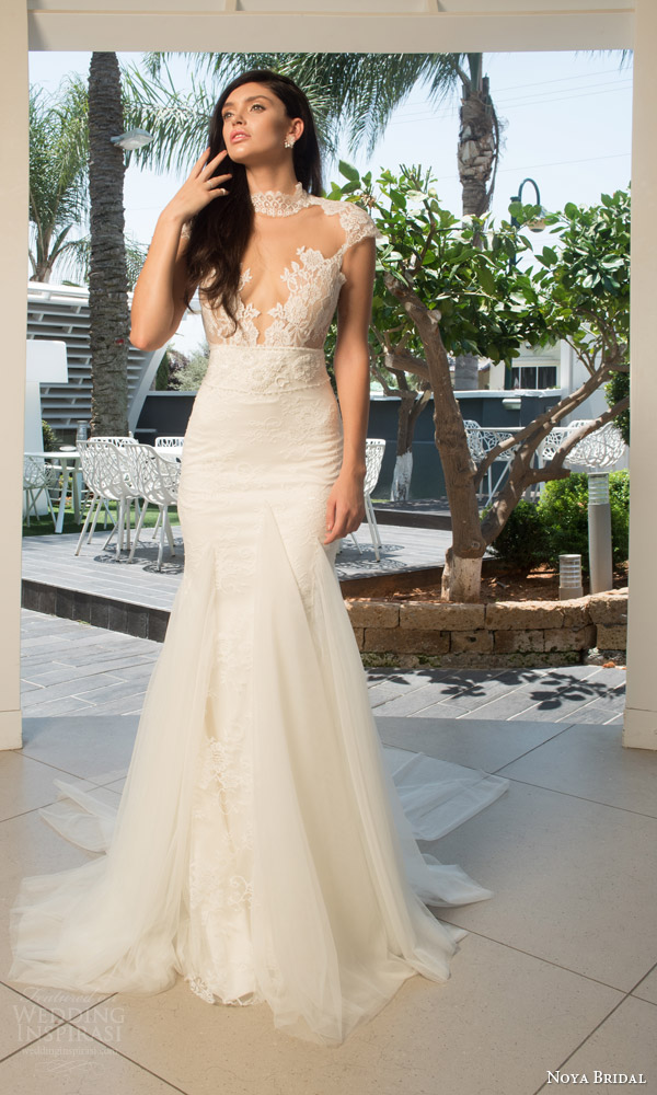 noya bridal riki dalal 2015 style 1104 cap sleeve sheath wedding dress illlusion high neckline lace bodice