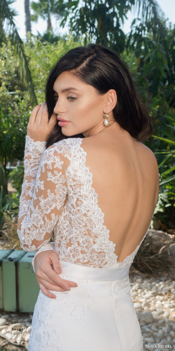 noya bridal riki dalal 2015 style 1105 long sleeve lace bodice wedding dress low back view close up