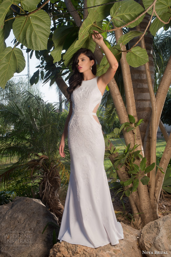 noya bridal riki dalal 2015 style 1106 sleeveless sheath wedding dress side sheer insert