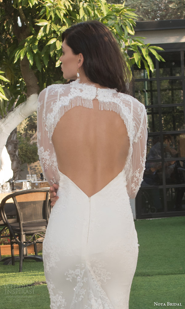 noya bridal riki dalal 2015 style 1108 sweetheart lace sheath wedding dress illusion long sleeve lace topper heart keyhole back view close up beaded fringe frame