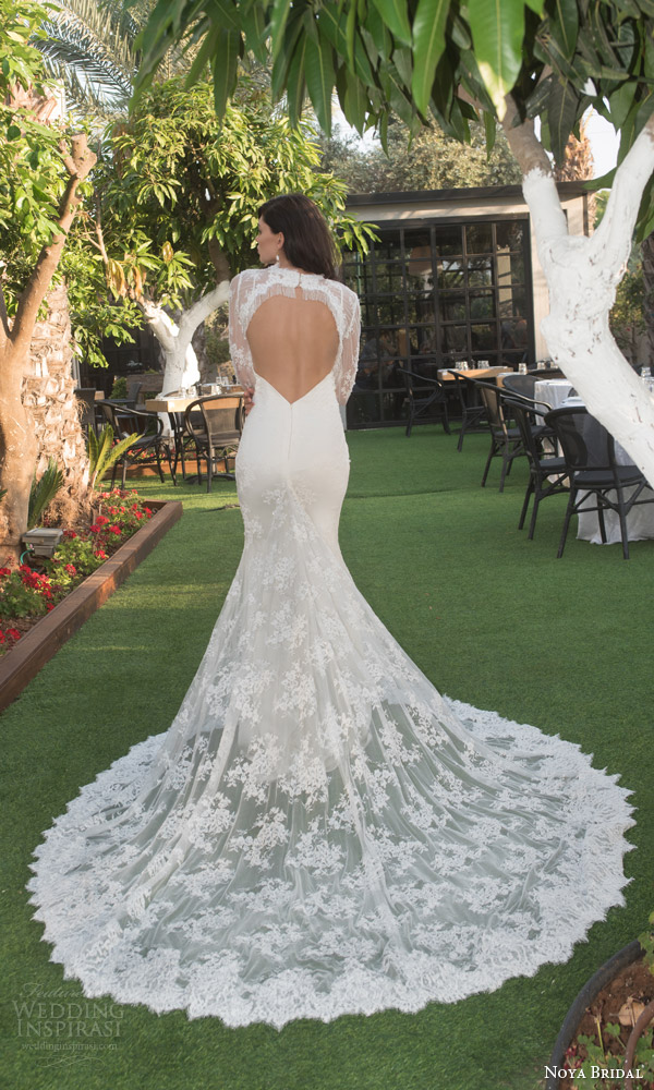 noya bridal riki dalal 2015 style 1108 sweetheart lace sheath wedding dress illusion long sleeve lace topper heart keyhole back view illusion train