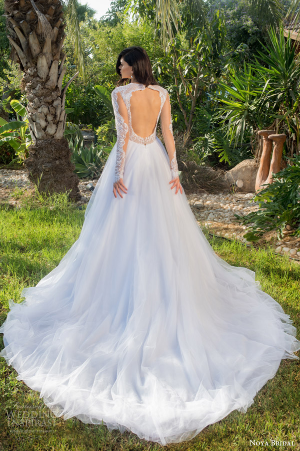 noya bridal riki dalal 2015 style 1109 princess ball gown wedding dress illusion long sleeves lace bodice keyhole back view train