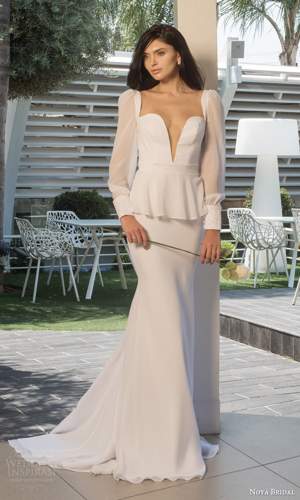 noya bridal riki dalal 2015 style 1110 long sleeve wedding dress deep v illusion neckline